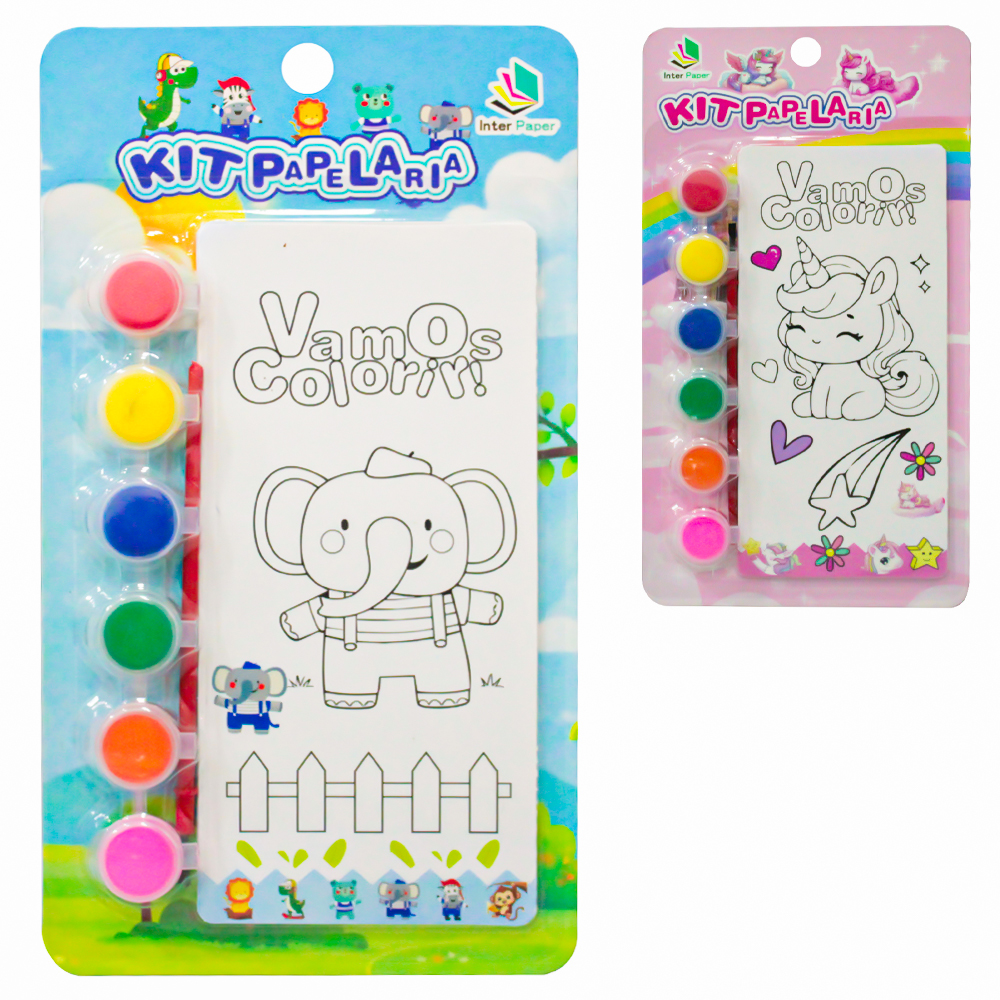 KIT ESCOLAR PAPELARIA COM TINTA GUACHE 6 CORES + PINCEL E 4 DESENHOS INTER PAPER