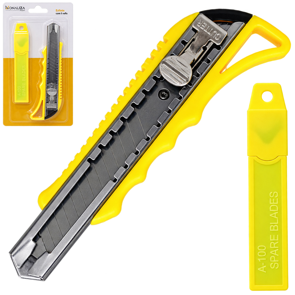 ESTILETE LAMINA LARGA 18MM DE PLASTICO COM TRILHO DE ACO + REFIL COM 5 LAMINAS
