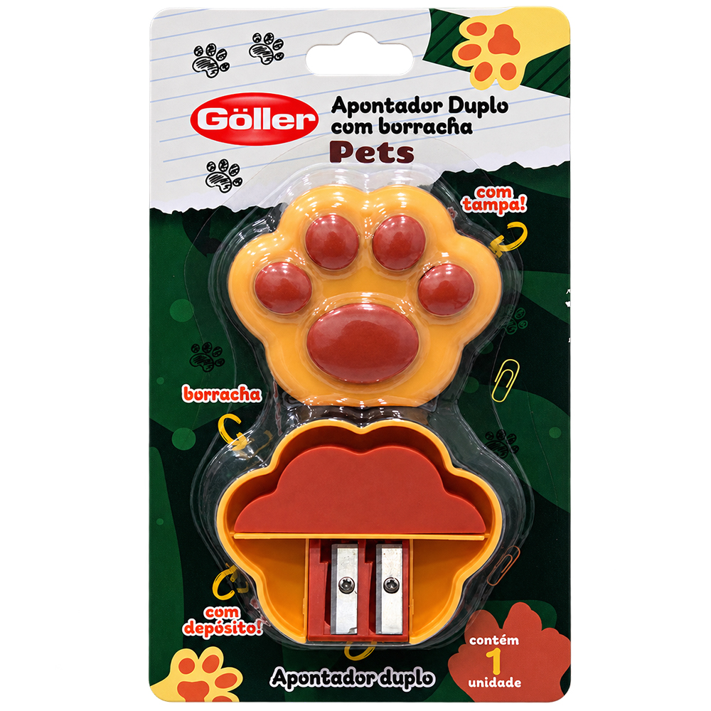 APONTADOR DUPLO COM DEPOSITO + BORRACHA COM TAMPA PETS