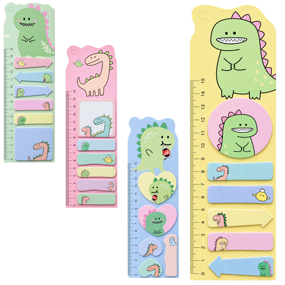 MARCADOR PAGINA / BLOCO ANOTACAO STICKER ADESIVO DINOSSAURO + REGUA 15CM 