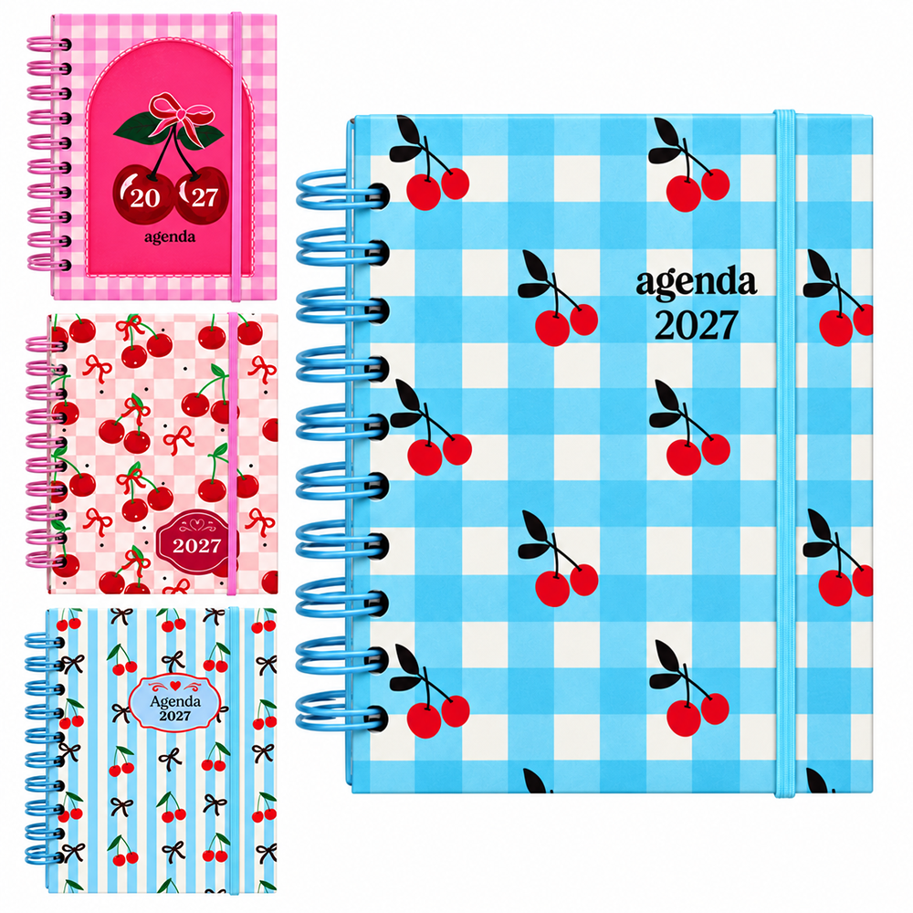 AGENDA 2027 CAPA DURA ESPIRAL CEREJAS RETRO 168 FOLHAS 15,2X11CM 