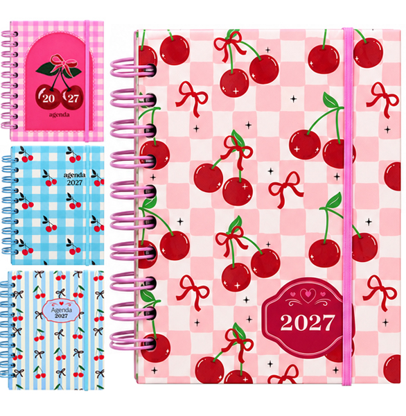 AGENDA 2027 CAPA DURA ESPIRAL CEREJAS RETRO 168 FOLHAS 18,7X13,7CM
