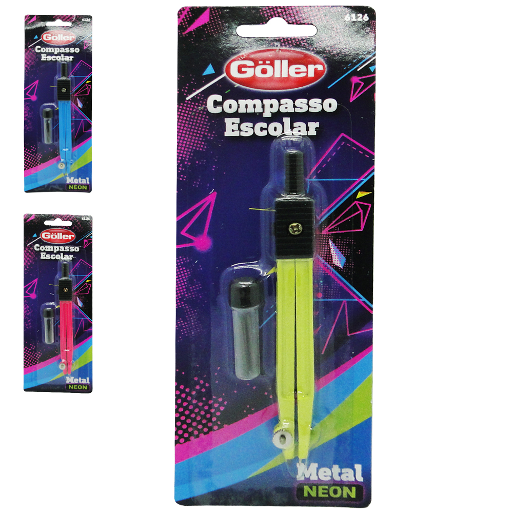 COMPASSO ESCOLAR DE METAL NEON COLORS COM REFIL NA CARTELA