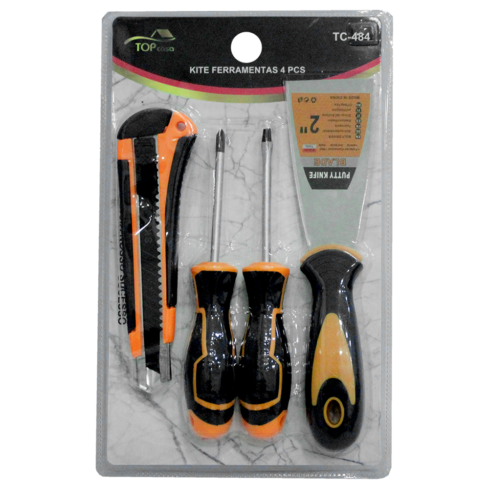 KIT FERRAMENTA COM ESPATULA DE METAL 2'' 21CM + CHAVE PHILLIPS / FENDA E ESTILETE TOP CASA FRM