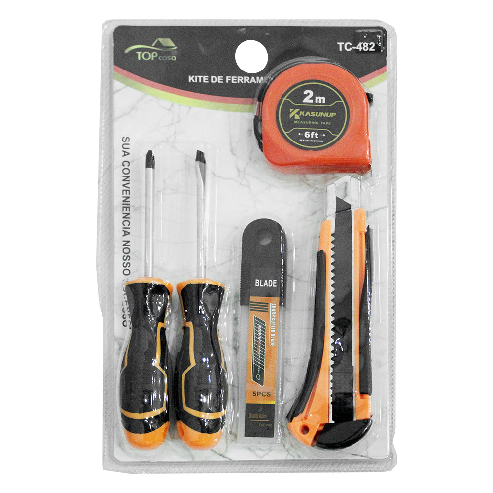 KIT FERRAMENTA COM TRENA 2M + ESTILETE + REFIL COM 5 LAMINAS + CHAVE FENDA E PHILIPS TOP CASA FRM