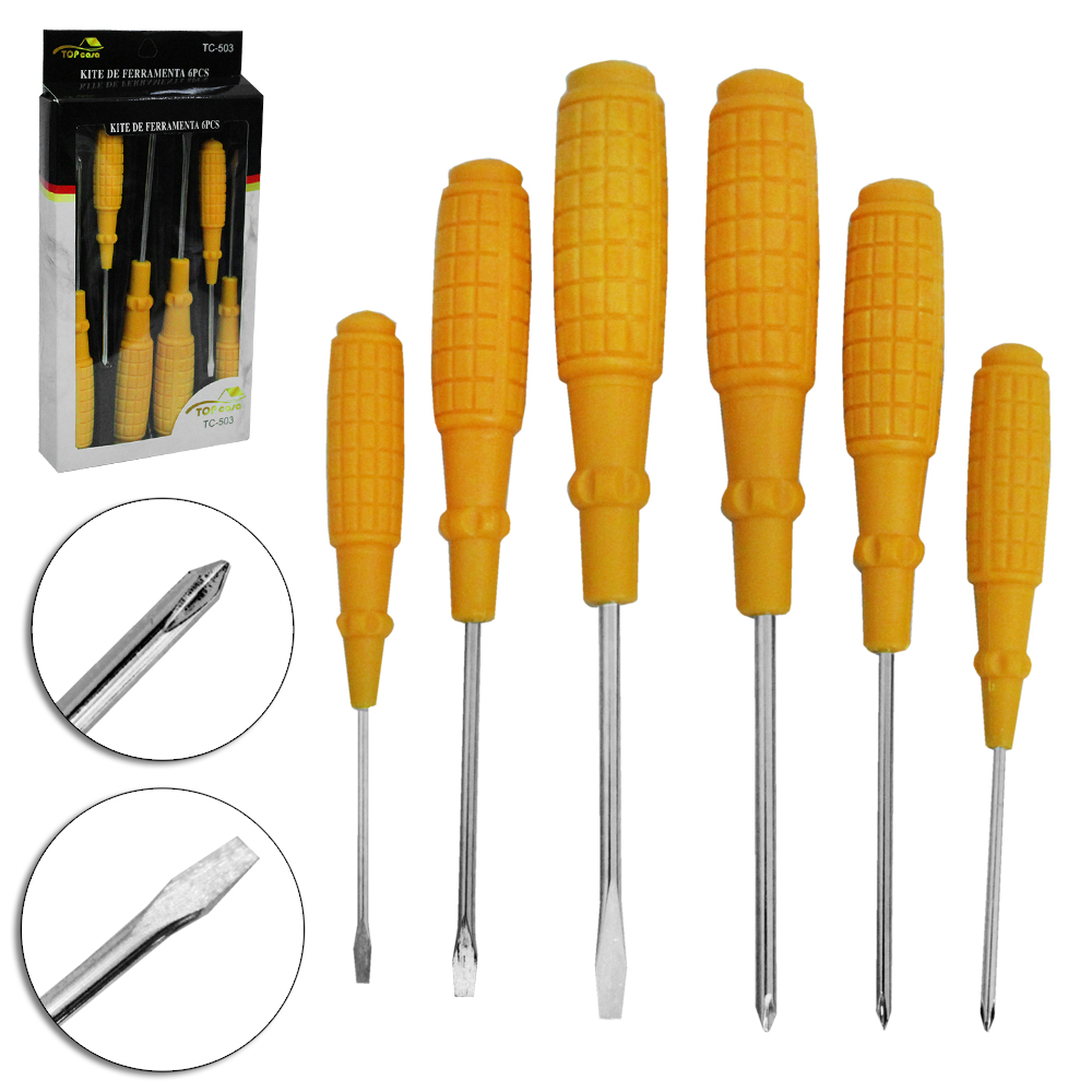 JOGO DE CHAVE DE FENDA E PHILIPS CABO PLASTICO AMARELO TOP CASA 6 PECAS