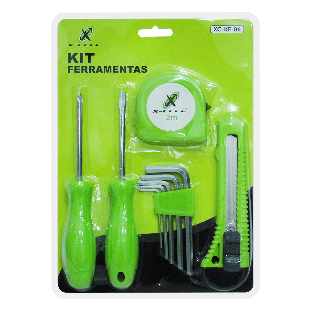 KIT FERRAMENTA COM TRENA 2M + ESTILETE + CHAVE DE FENDA / PHILIPS E JOGO DE CHAVE ALLEN 5 PECAS + SUPORTE X-CELL FRM