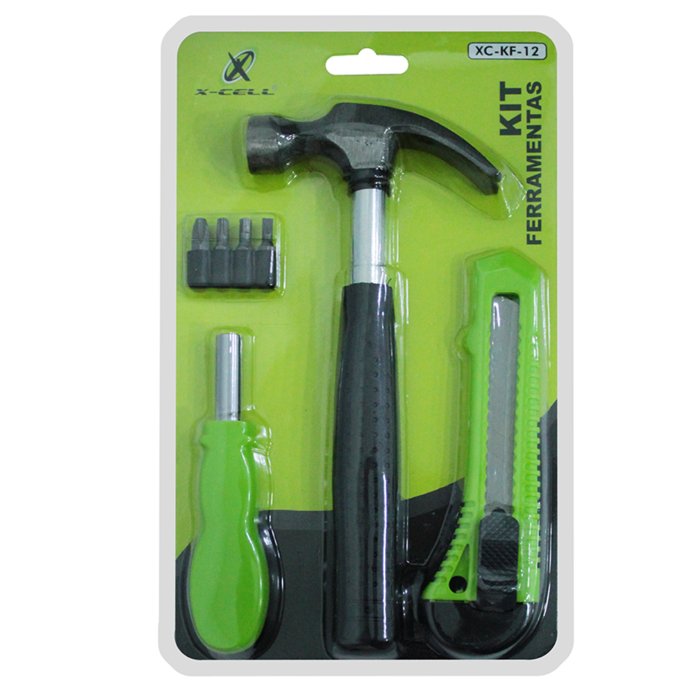 KIT FERRAMENTA COM MARTELO UNHA + ESTILETE E CHAVE DE FENDA COM 4 BITS X-CELL FRM