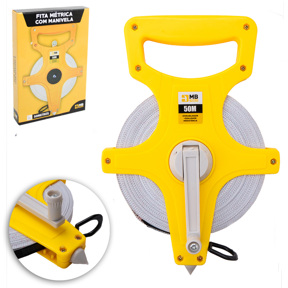 FITA METRICA TRENA COM MANIVELA DE FIBRA DE VIDRO LONGA ABERTA 50M MB TOOLS