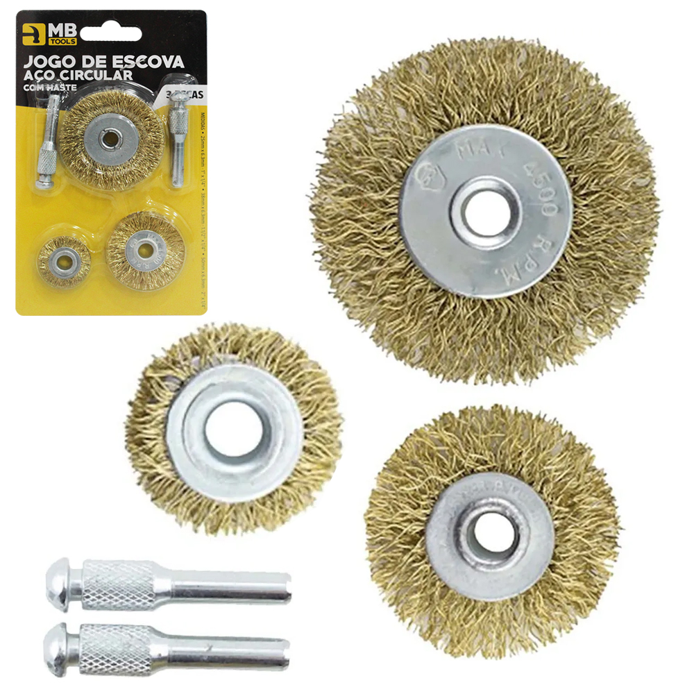 ESCOVA DE ACO ONDULADAS CIRCULAR COM 3 PECAS + 2 HASTES MB TOOLS