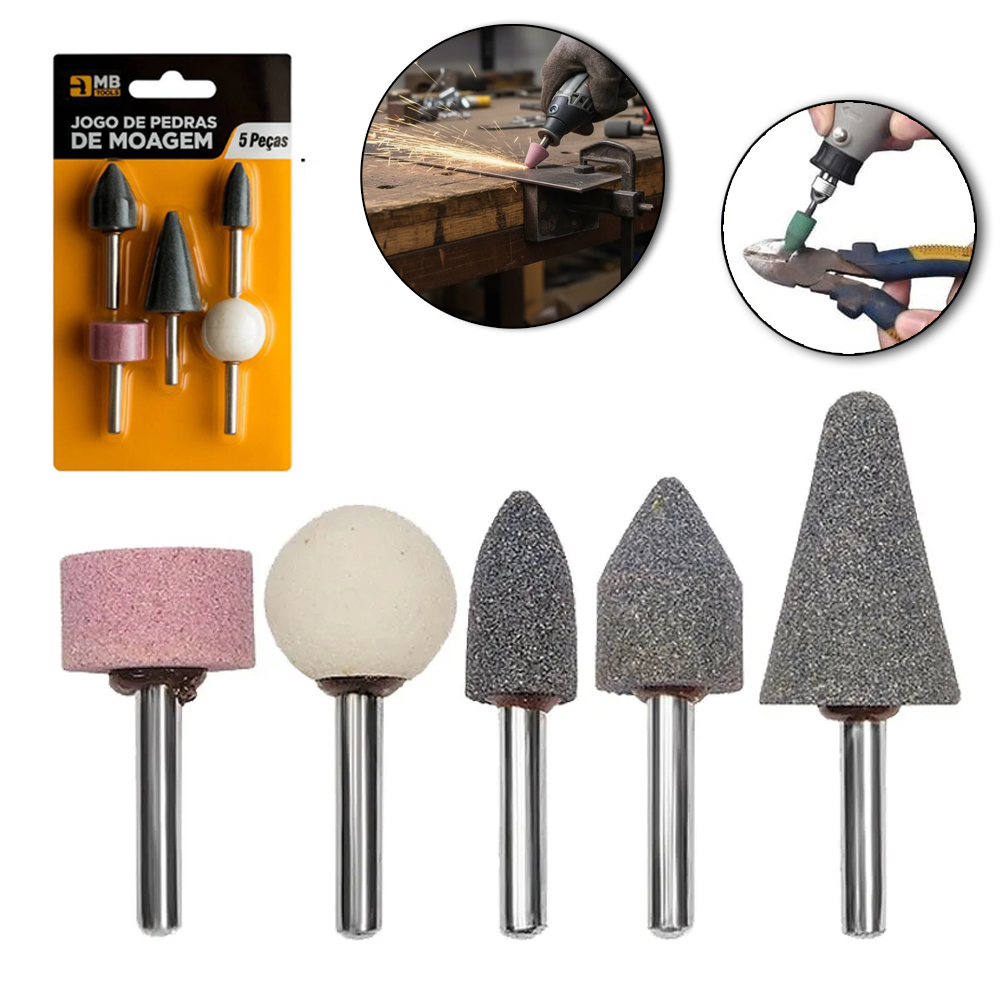 JOGO PEDRAS DE MOAGEM PARA FURADEIRA COM 5 PONTAS MONTADAS MB TOOLS