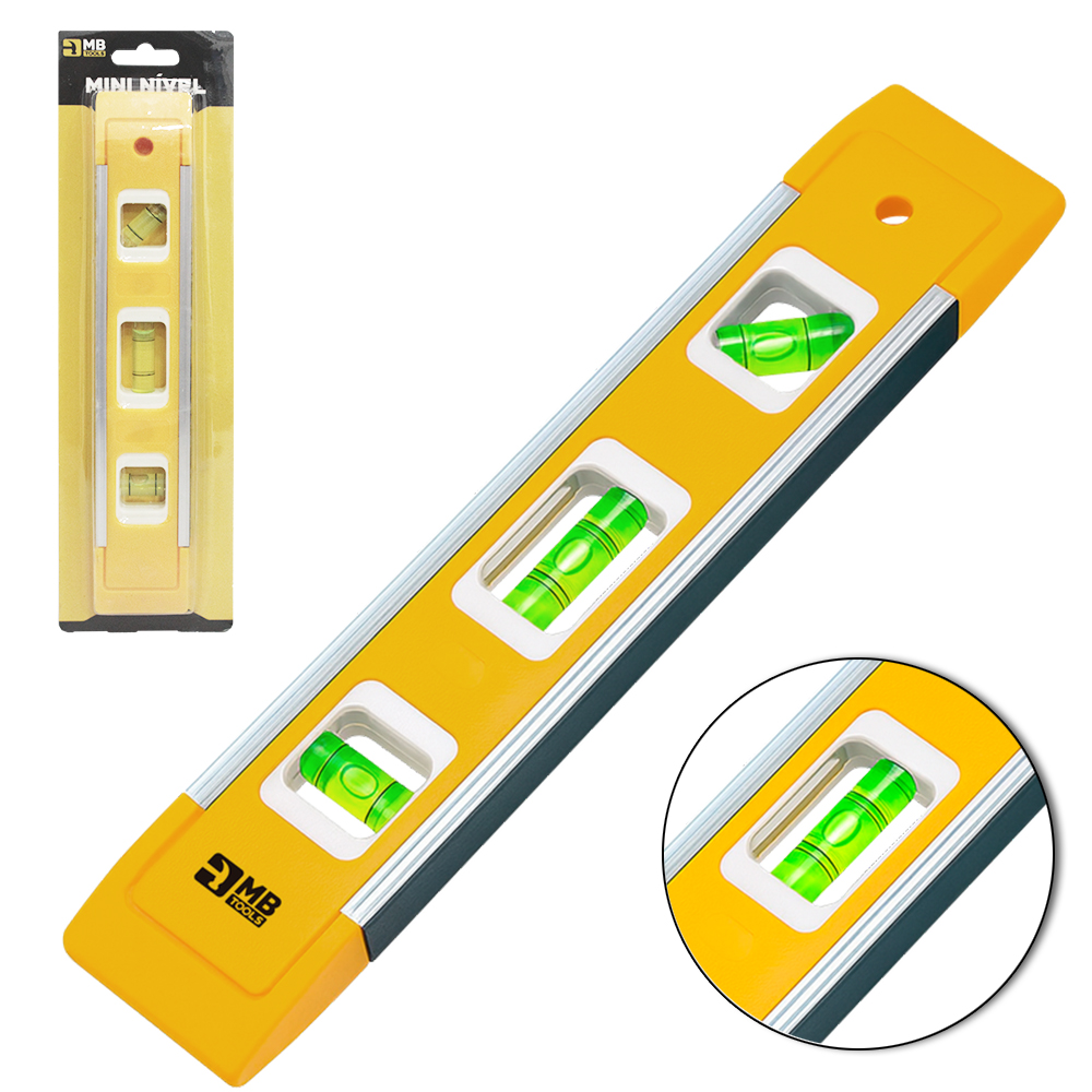 MINI NIVEL DE PLASTICO MAGNETICO AMARELO COM 3 BOLHAS 9'' 23CM MB TOOLS