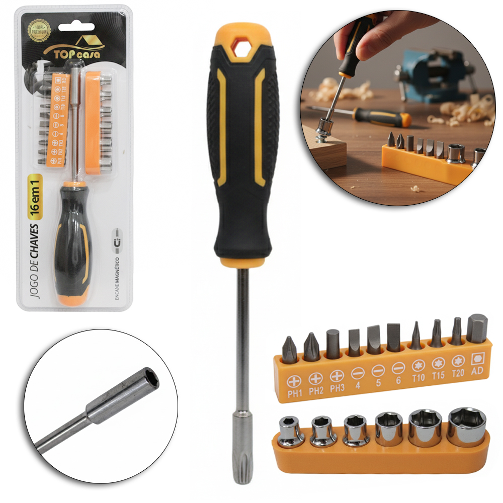 CHAVE DE FENDA COM 10 BITS + 6 CANHAO / SOQUETE + CABO EMBORRACHADO PREMIUM TOP CASA