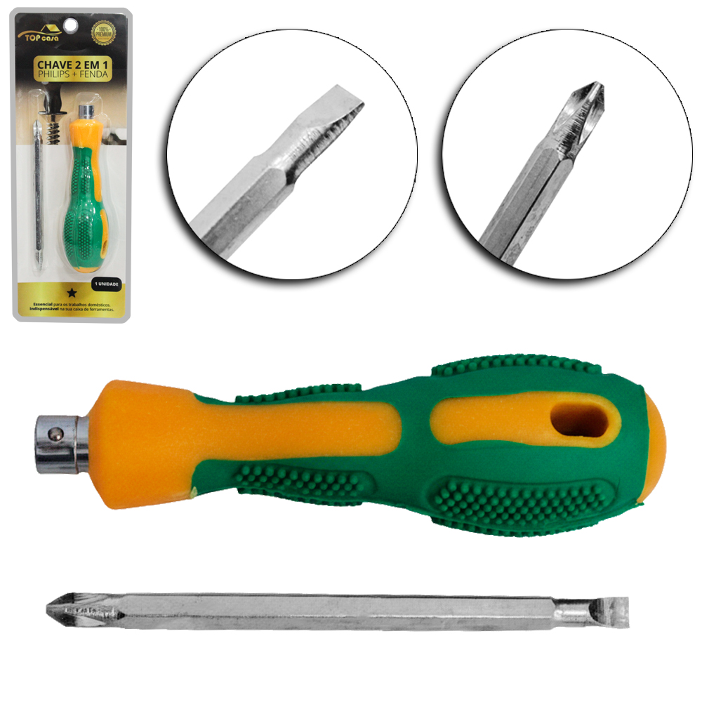 CHAVE DE FENDA / PHILIPS COM 2 PONTEIRAS PONTA DUPLA + HASTE + CABO EMBORRACHADO TOP CASA