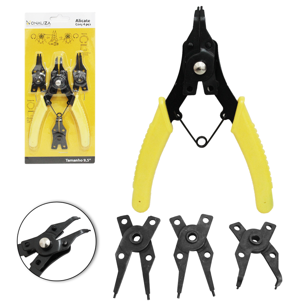 ALICATE PARA ANEIS INTERNOS E EXTERNOS COM MOLA CABO PLASTICO 4 PECAS