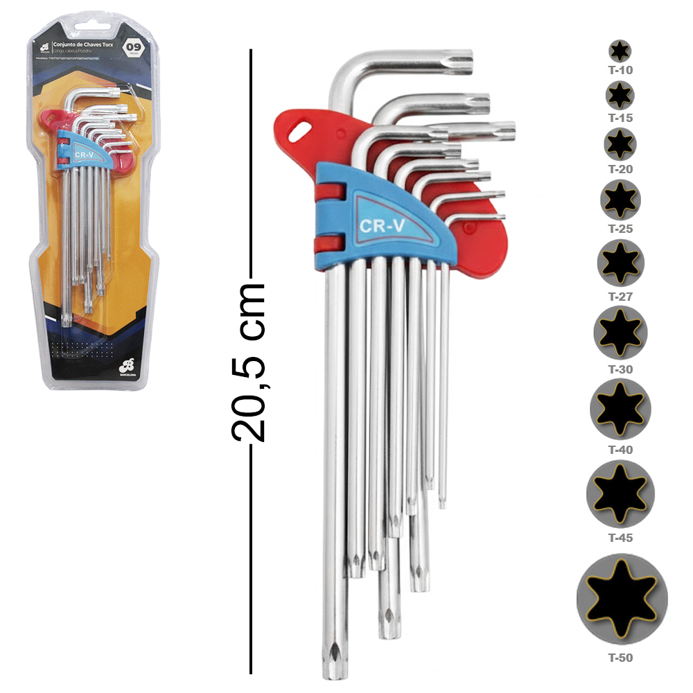 JOGO DE CHAVE TORX LONGA COM 9 PECAS COM FURO GUIA + SUPORTE