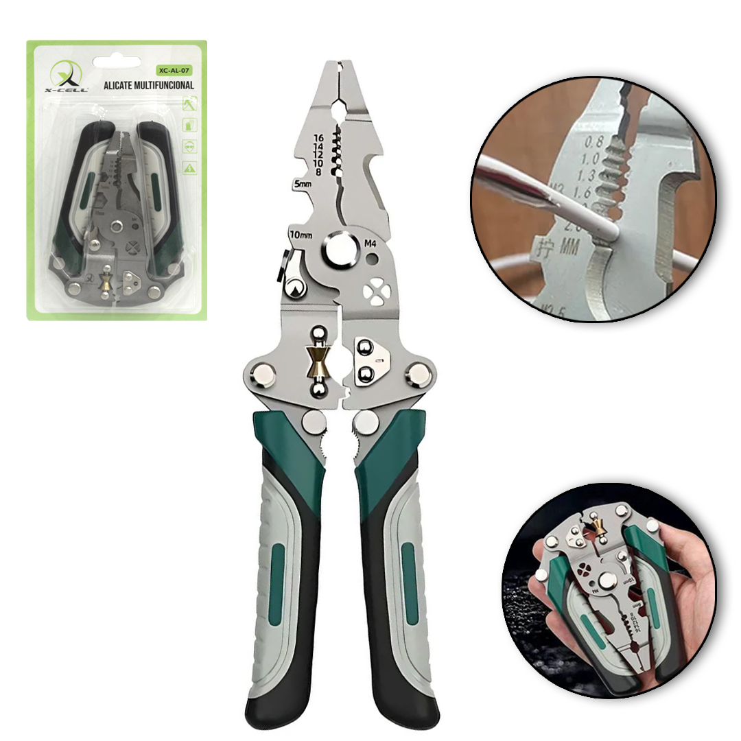 ALICATE MULTIFUNCIONAL 8 EM 1 COM TRAVA DE SEGURANCA CABO EMBORRACHADO DOBRAVEL X-CELL