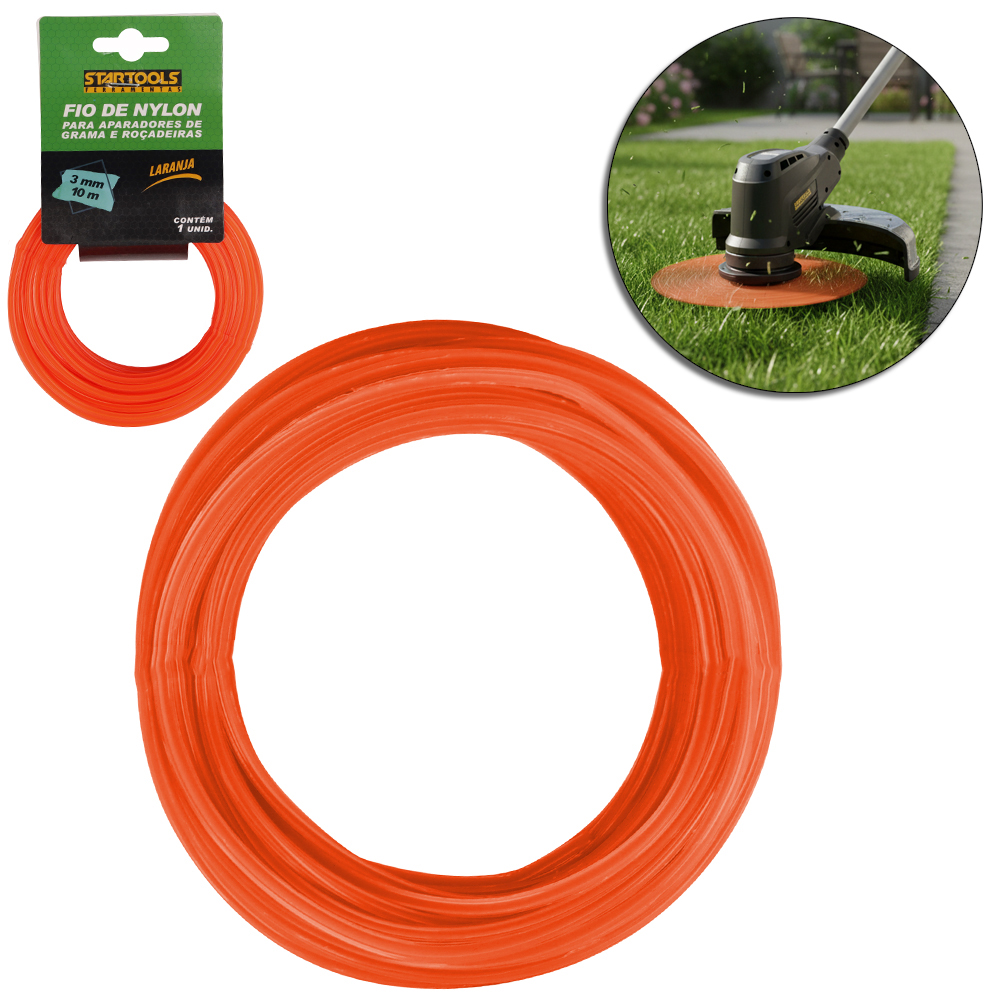 FIO DE NYLON ESTRELA PARA APARADOR DE GRAMA E ROCADEIRAS LARANJA 3MMX10M