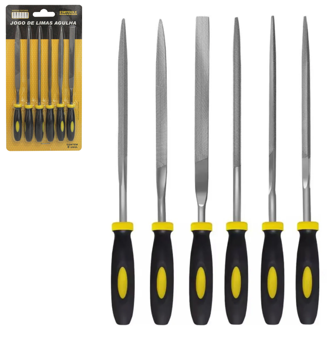 JOGO DE LIMAS AGULHA DE ACO T8 REDONDA / TRIANGULAR / QUADRADA / MEIA CANA / CHATA E (CHATA PONTIAGUDA) 6 PECAS