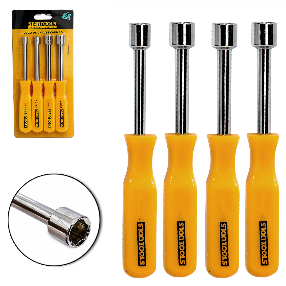 JOGO DE CHAVE CANHAO / SOQUETE CABO PLASTICO AMARELO 4 PECAS (¼''6MM)-(5/16''8MM)-(3/8''10MM)-(7/16''11MM)