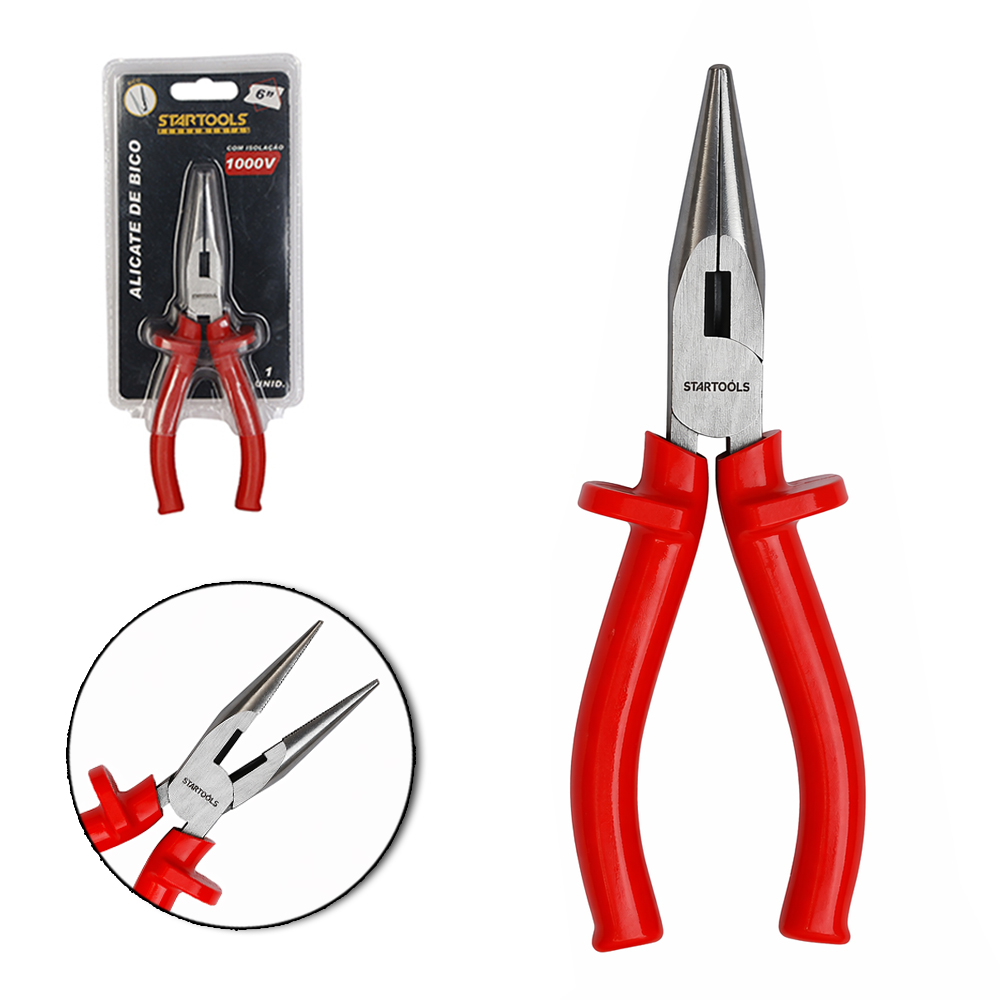ALICATE DE BICO MEIA CANA RETO 6'' COM ISOLAMENTO 1000V CABO EMBORRACHADO VERMELHO