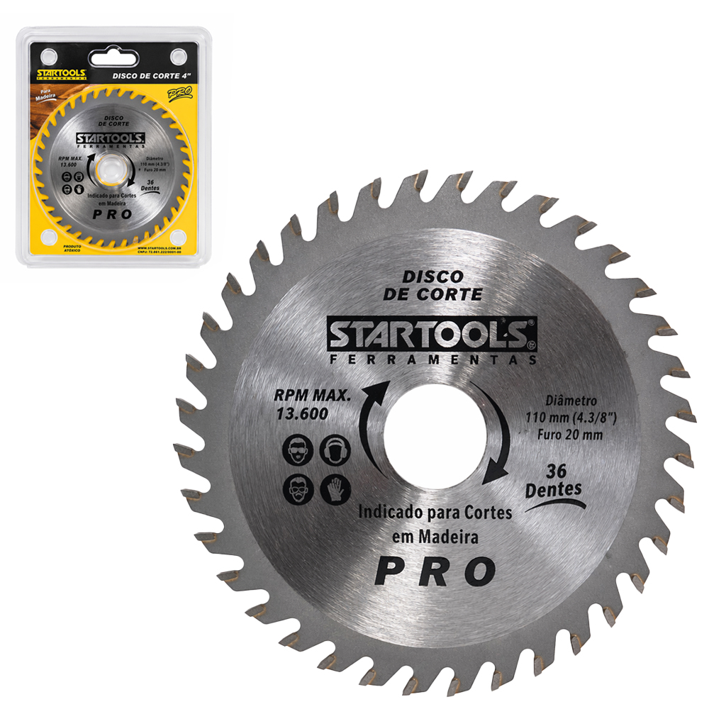 DISCO DE CORTE PARA MADEIRA 36 DENTES PRO 4'' 110MM COM ANEL ADAPTADOR