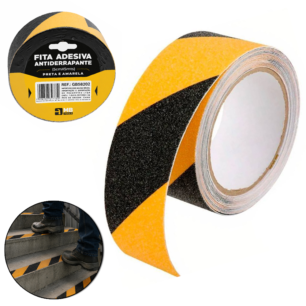 FITA ADESIVA ANTIDERRAPANTE PRETA / AMARELA 50MMX5M MB TOOLS