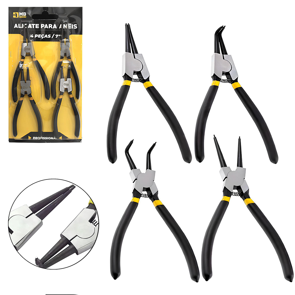 ALICATE PARA  ANEIS INTERNOS E EXTERNOS DE BICO MEIA CANA COM MOLA CABO EMBORRACHADO COM 4 PECAS 7'' MB HOUSE