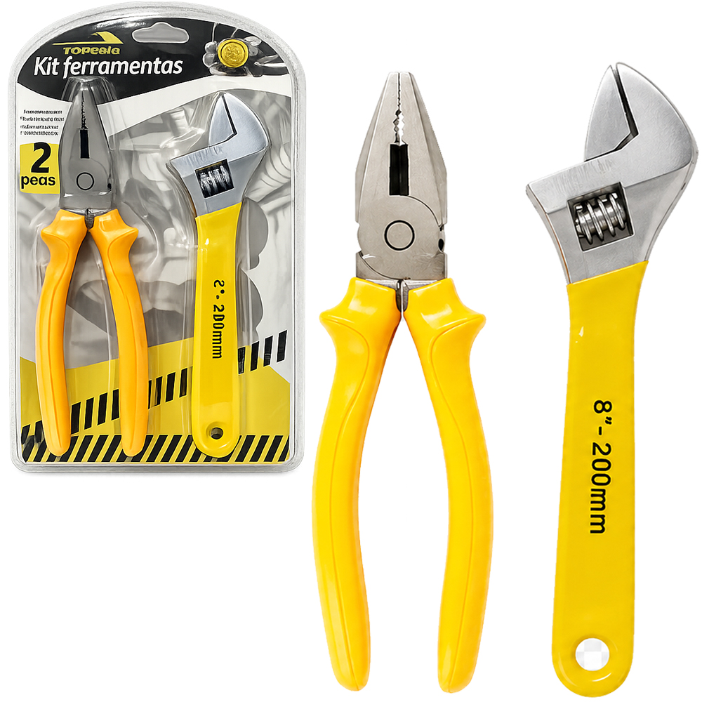 KIT FERRAMENTA COM ALICATE UNIVERSAL 7,5'' 8MM CHAVE INGLESA AJUSTAVEL 8'' TOP CASA