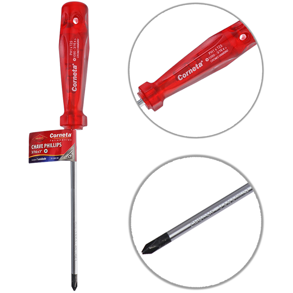CHAVE PHILIPS ACO CROMO VANADIO CR-V PONTA IMANTADA + CABO TRANSLUCIDO VERMELHO 3/16X5'' UND
