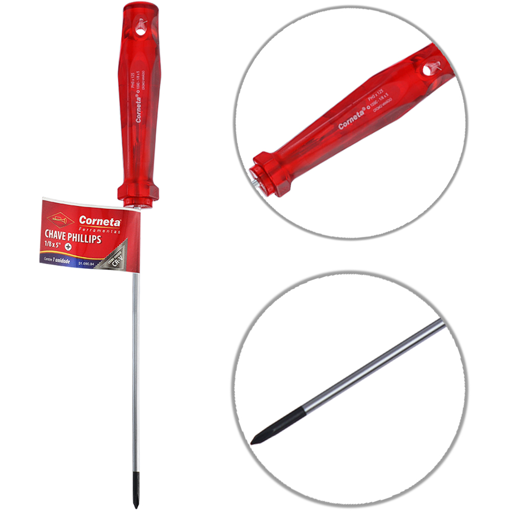 CHAVE PHILIPS ACO CROMO VANADIO CR-V PONTA IMANTADA + CABO TRANSLUCIDO VERMELHO 1/8X5'' UND