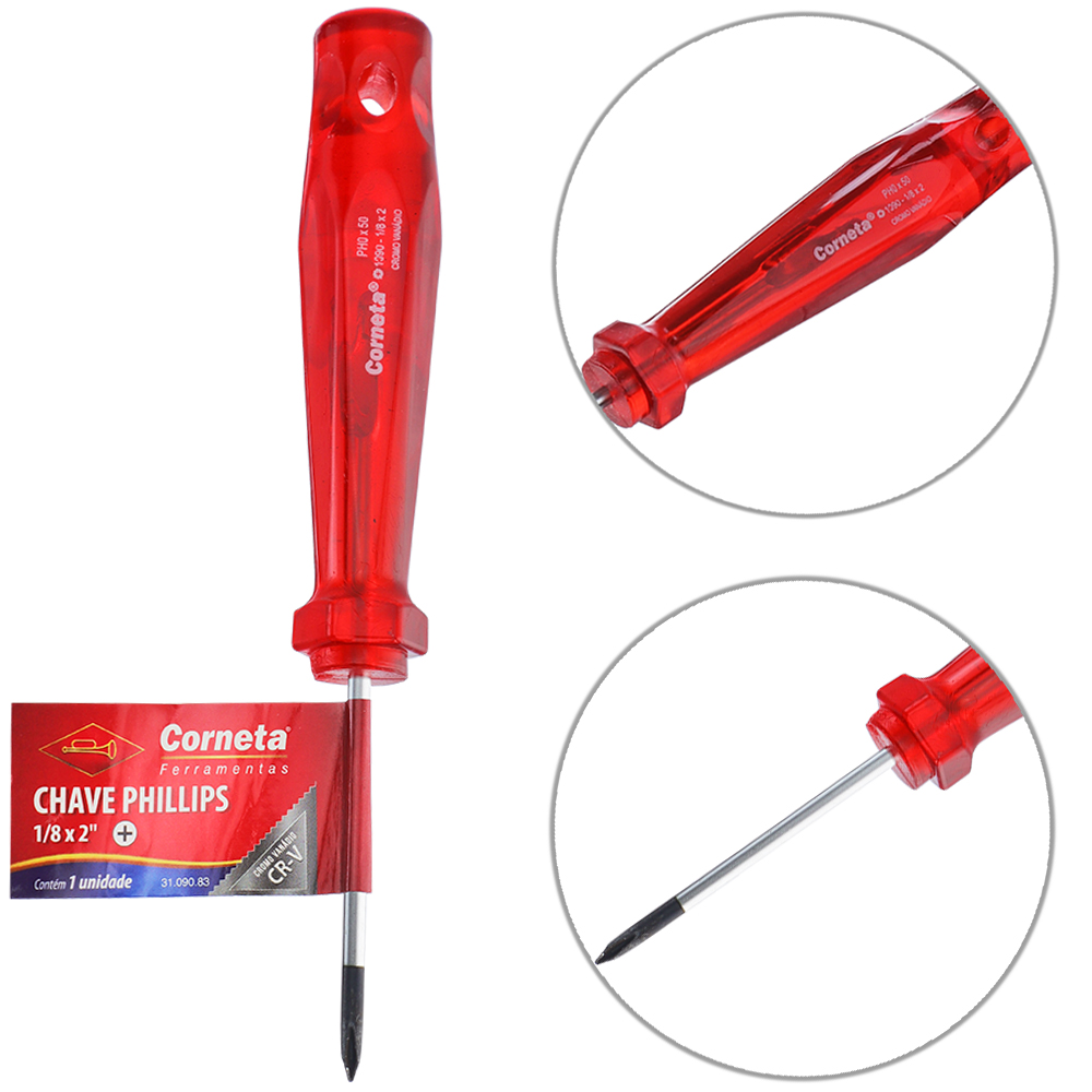 CHAVE PHILIPS ACO CROMO VANADIO CR-V PONTA IMANTADA + CABO TRANSLUCIDO VERMELHO 1/8X2'' UND