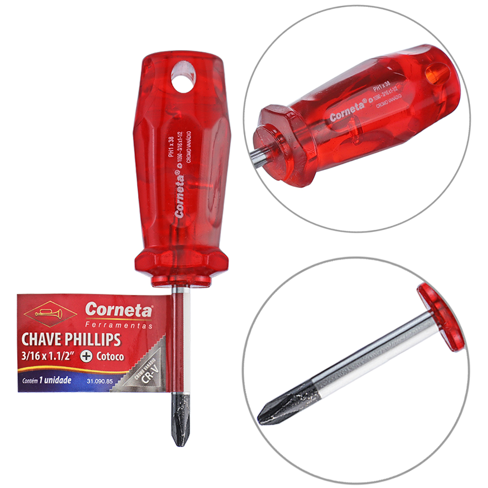 CHAVE TOCO PHILIPS ACO CROMO VANADIO CR-V PONTA IMANTADA + CABO TRANSLUCIDO VERMELHO 3 / 16X1.½'' UND