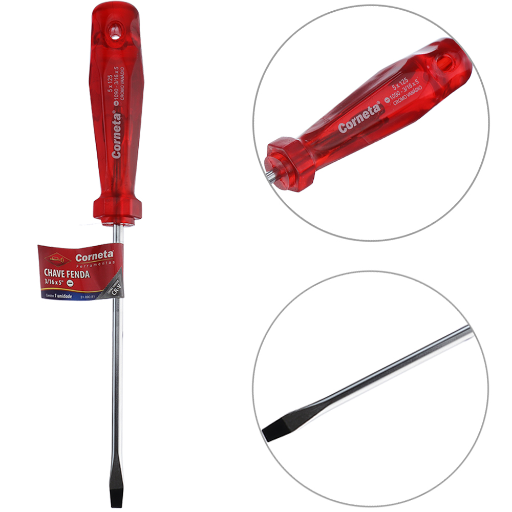 CHAVE FENDA ACO CROMO VANADIO CR-V PONTA IMANTADA + CABO TRANSLUCIDO VERMELHO 3/16X5'' UND