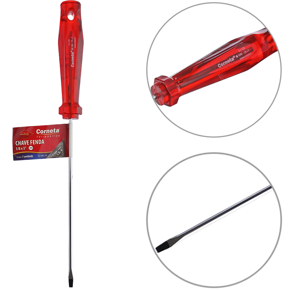 CHAVE FENDA ACO CROMO VANADIO CR-V PONTA IMANTADA + CABO TRANSLUCIDO VERMELHO 1/8X5'' UND