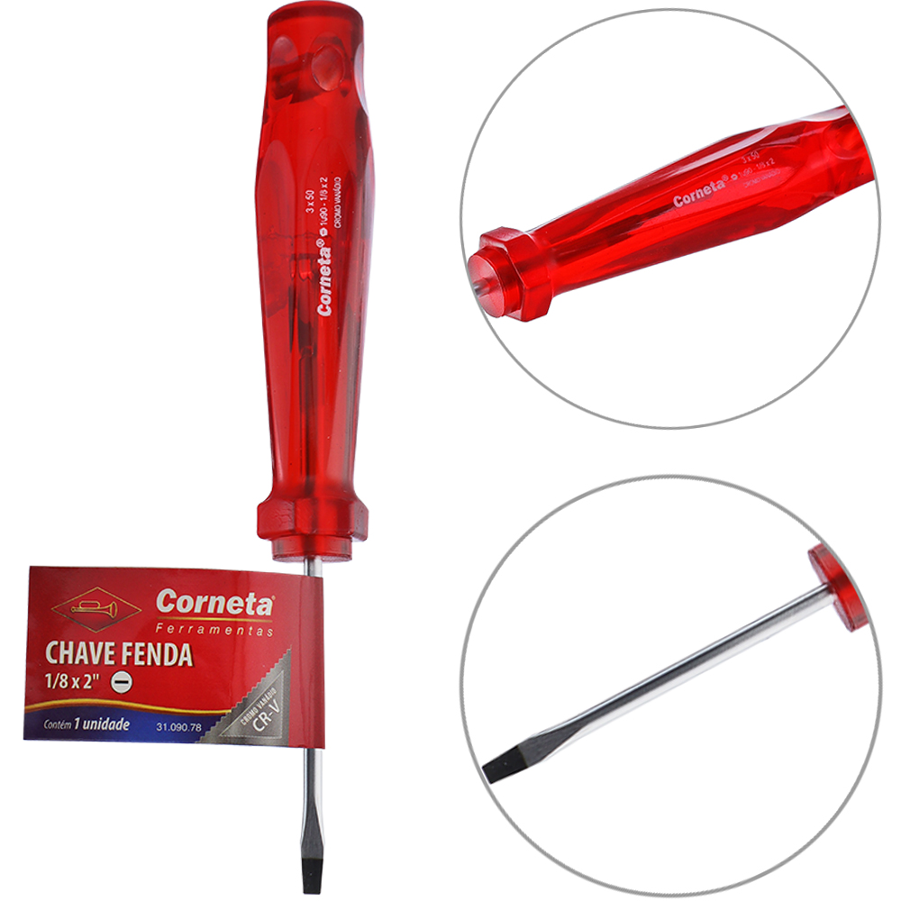 CHAVE FENDA ACO CROMO VANADIO CR-V PONTA IMANTADA + CABO TRANSLUCIDO VERMELHO 1/8X2'' UND 