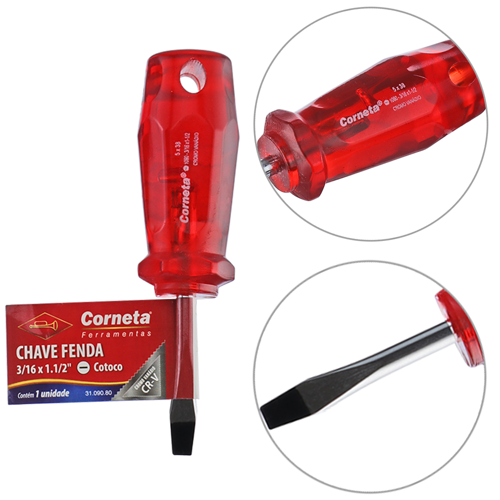 CHAVE TOCO FENDA ACO CROMO VANADIO CR-V PONTA IMANTADA+CABO TRANSLUCIDO VERMELHO 3/16X1.½'' UND