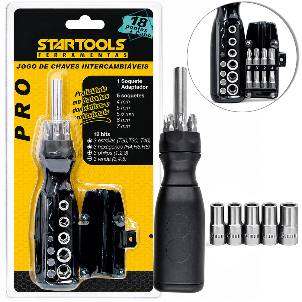 CHAVE DE FENDA COM 12 BITS + 5 CANHAO / SOQUETE + ADAPTADOR + CABO PRO 