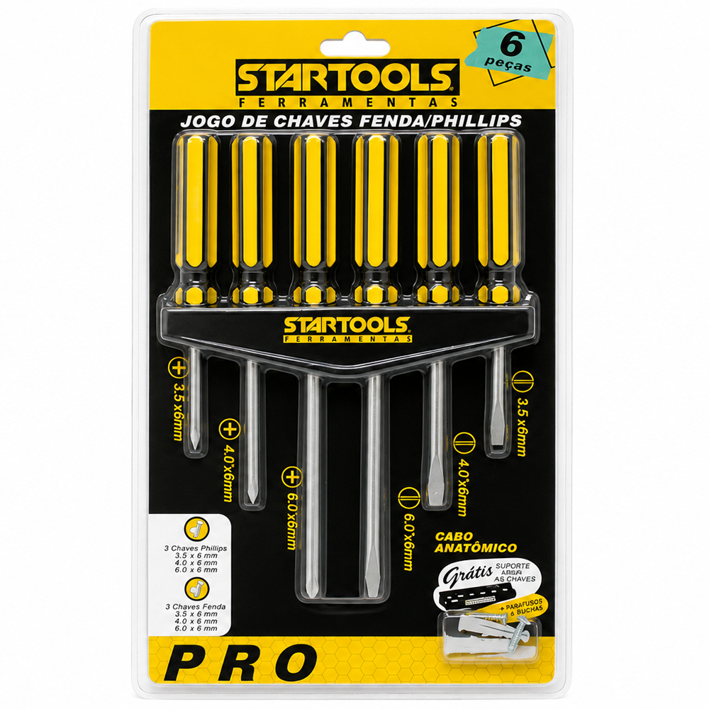 JOGO DE CHAVE DE FENDA E PHILIPS CABO PLASTICO PRO 6 PECAS + SUPORTE