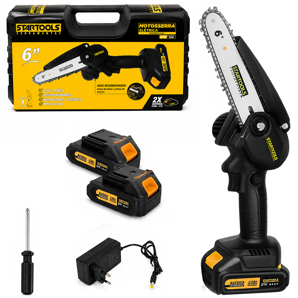 MINI MOTOSERRA ELETRICA 6'' RECARREGAVEL 21V 400W BIVOLT COM CARREGADOR+2 BATERIAS E CHAVE PHILIPS MALETA