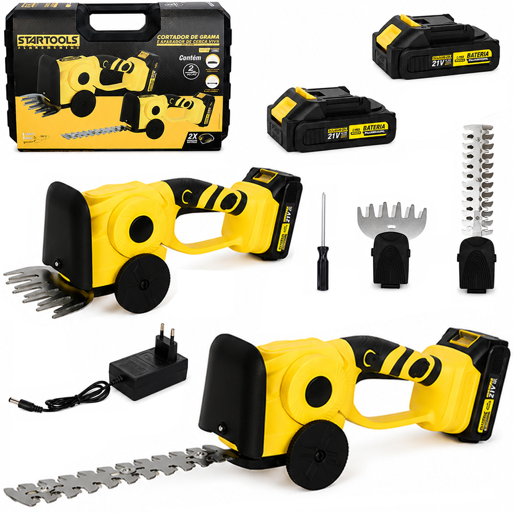 CORTADOR DE SEBES APARADOR DE ARBUSTOS RECARREGAVEL 21V 350W BIVOLT COM CARREGADOR + ACESSORIOS 6 PECAS MALETA
