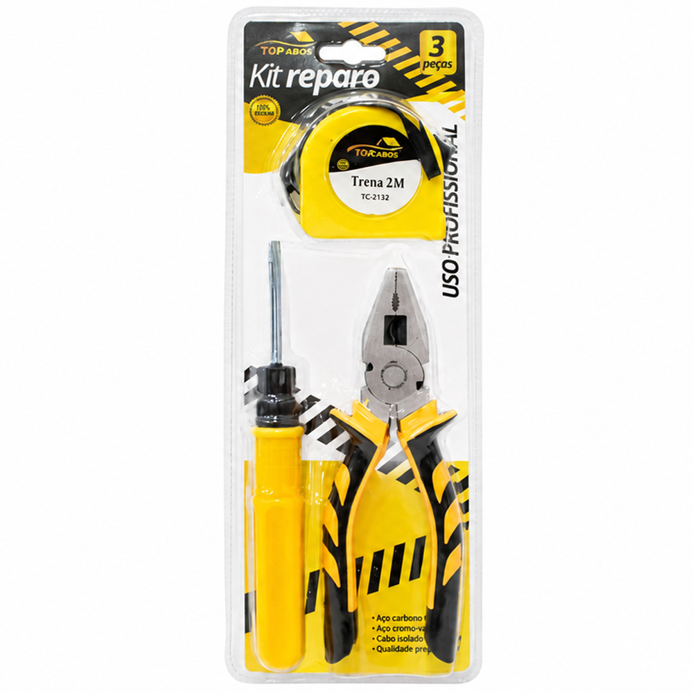 KIT FERRAMENTA COM ALICATE UNIVERSAL 6'' 7MM + TRENA 2M E CHAVE FENDA / PHILIPS PONTA DUPLA TOP CASA FRM