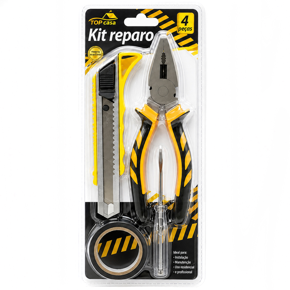 KIT FERRAMENTA COM ALICATE UNIVERSAL 6'' 7MM + ESTILETE + CHAVE PARA TESTE E FITA ISOLANTE TOP CASA FRM