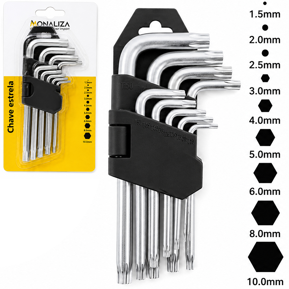 JOGO DE CHAVE TORX COM 9 PECAS COM FURO GUIA + SUPORTE
