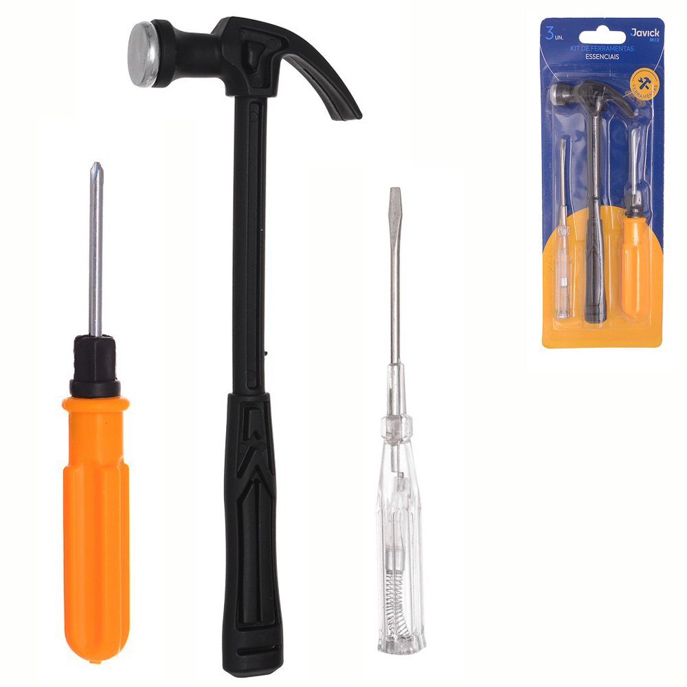 KIT FERRAMENTA COM MARTELO UNHA + CHAVE FENDA / PHILIPS + CHAVE TESTE 3 PECAS