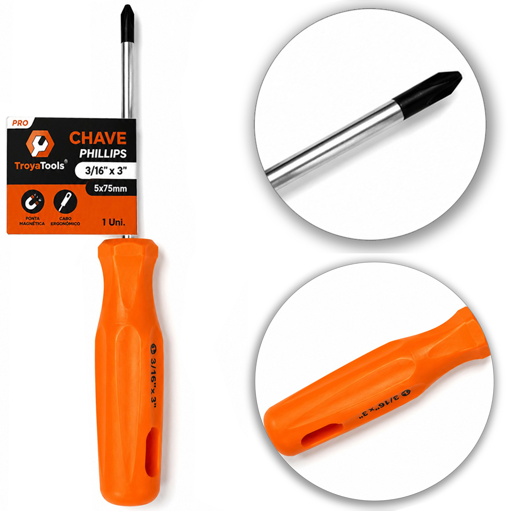 CHAVE PHILIPS DE ACO CARBONO COM PONTA IMANTADA + CABO PLASTICO PRO LARANJA 3/16''X3'' 5X75MM UND