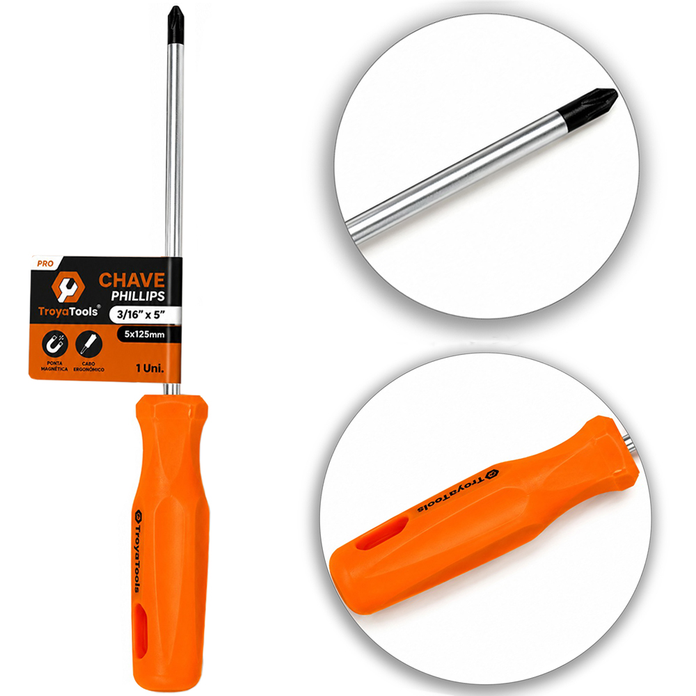 CHAVE PHILIPS DE ACO CARBONO COM PONTA IMANTADA + CABO PLASTICO PRO LARANJA 3/16''X5'' 5X125MM UND