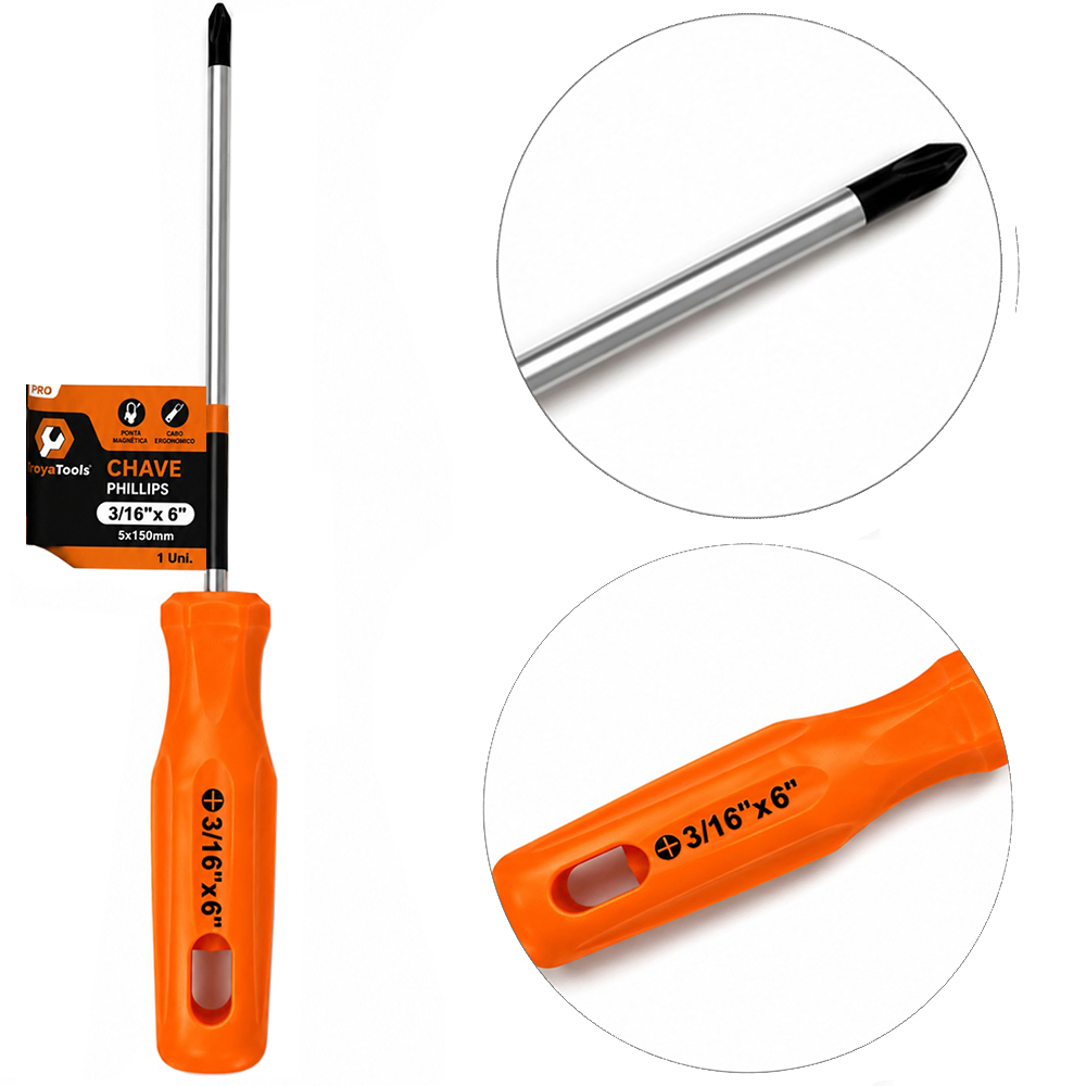 CHAVE PHILIPS DE ACO CARBONO COM PONTA IMANTADA + CABO PLASTICO PRO LARANJA 3/16''X6'' 5X150MM UND