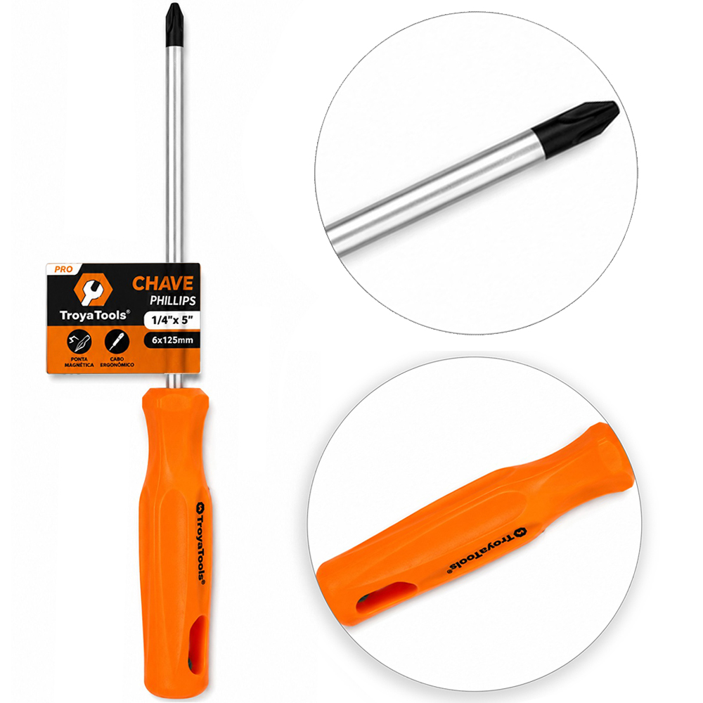 CHAVE PHILIPS DE ACO CARBONO COM PONTA IMANTADA + CABO PLASTICO PRO LARANJA ¼''X5'' 6X125MM UND 