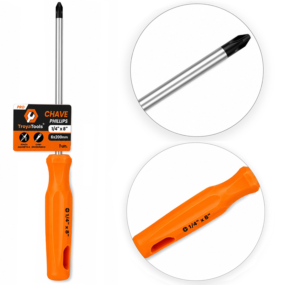 CHAVE PHILIPS DE ACO CARBONO COM PONTA IMANTADA + CABO PLASTICO PRO LARANJA ¼''X8'' 6X200MM UND